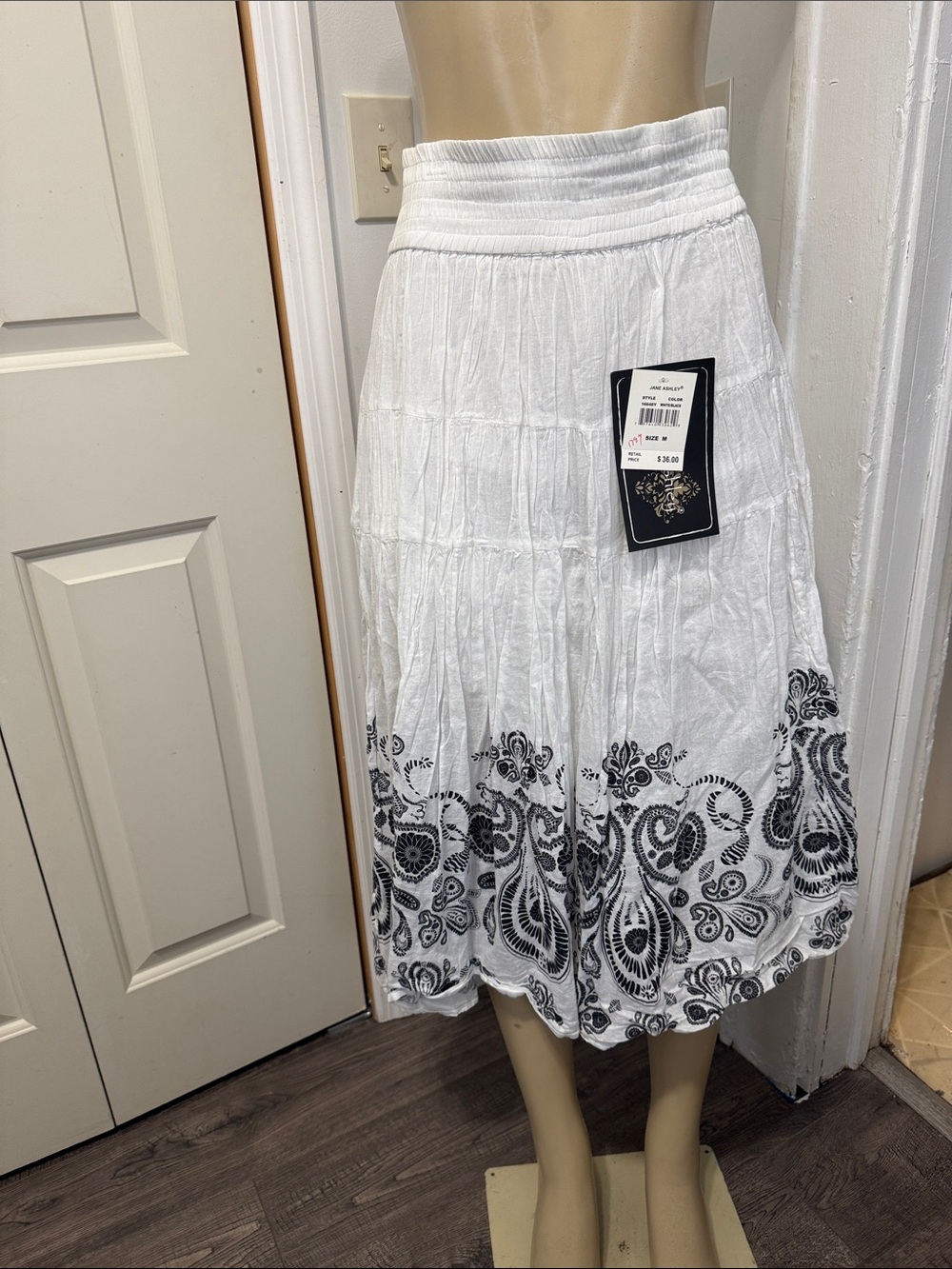 Jane Ashley White Midi Skirt with Black Paisley Hem